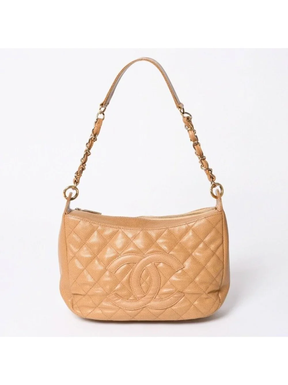 Chanel Chain Bag CC Logo Patch Caviar Leather Beige Gold